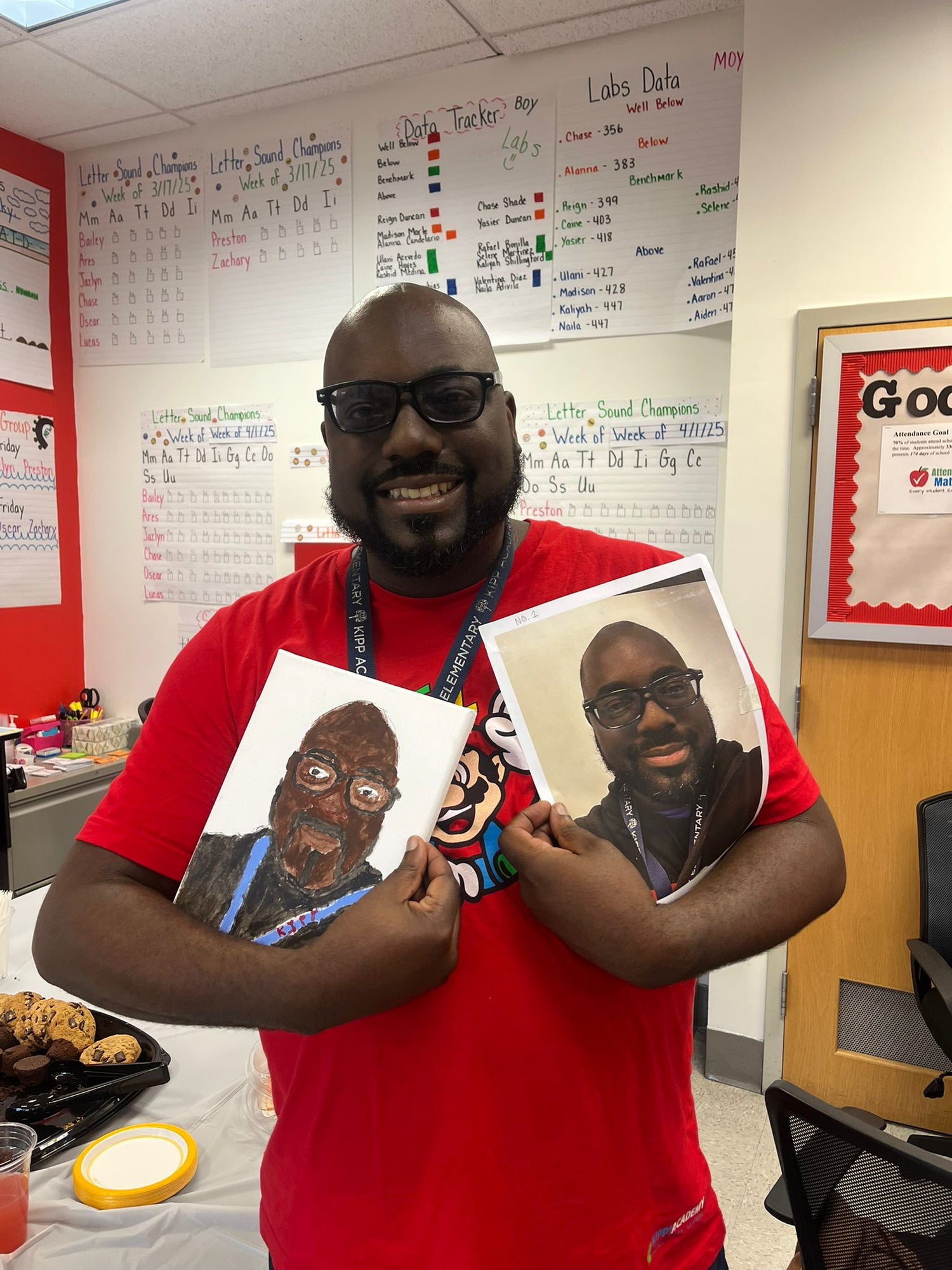 Person in a classroom holding a painted portrait and photo of themselves, with educational posters on the wall.
