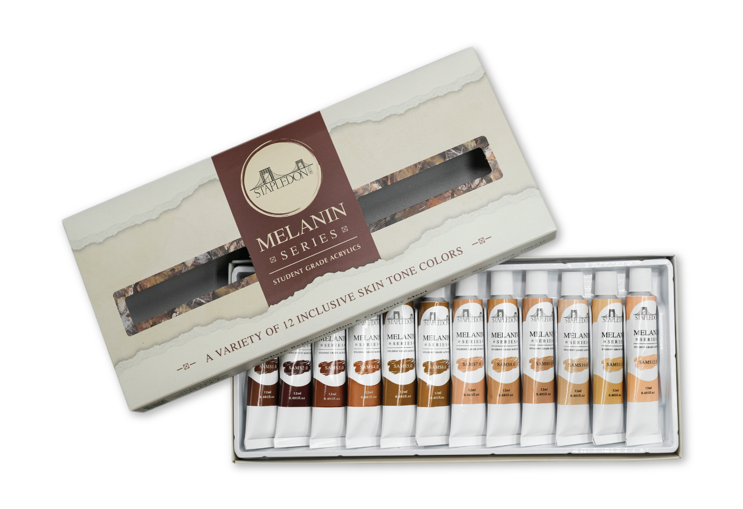 an opened Stapledon Arts Melanin Series acrylic paint set