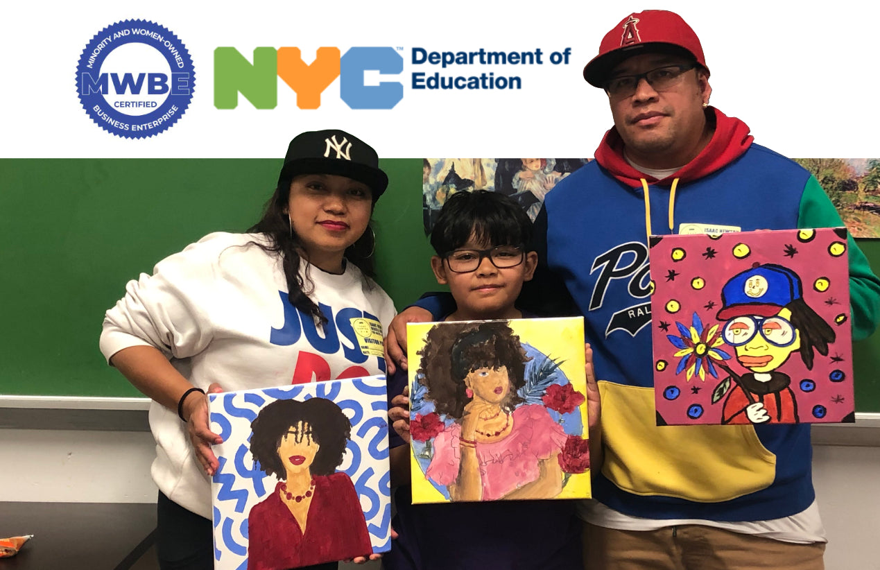 family posing together with colorful artwork